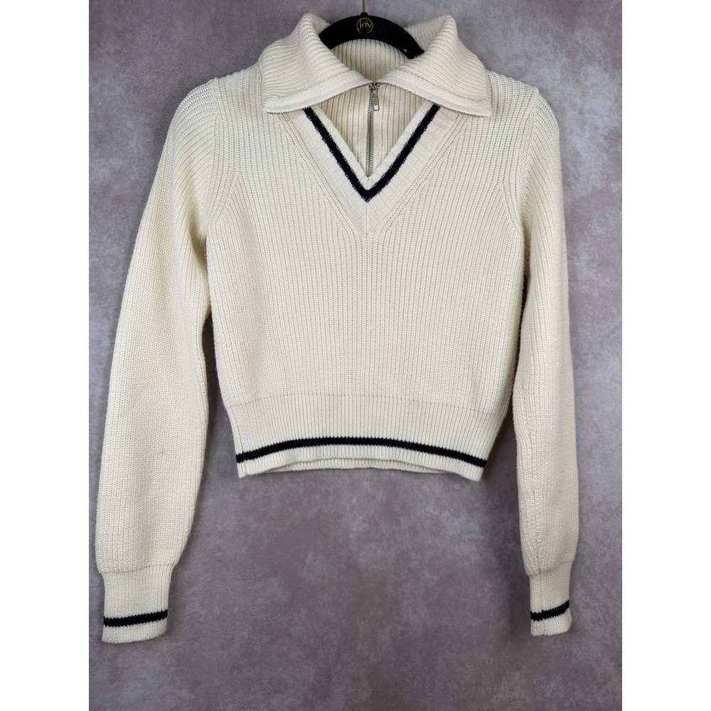 Sincerely Jules Sweater XS Cream Black Striped Quarter Zip Cropped Ribbed Preppy